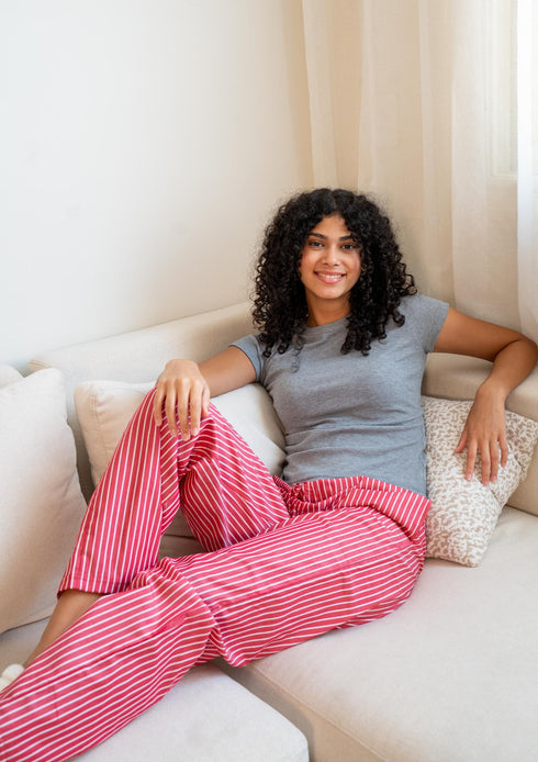 Women summer pajama set Dark Grey T-shirt + Red X White Spaced Stripes Pants